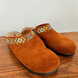 Minnetonka Suede Beaded Mules Women Size 6 Southwestern Brown Boho Casual